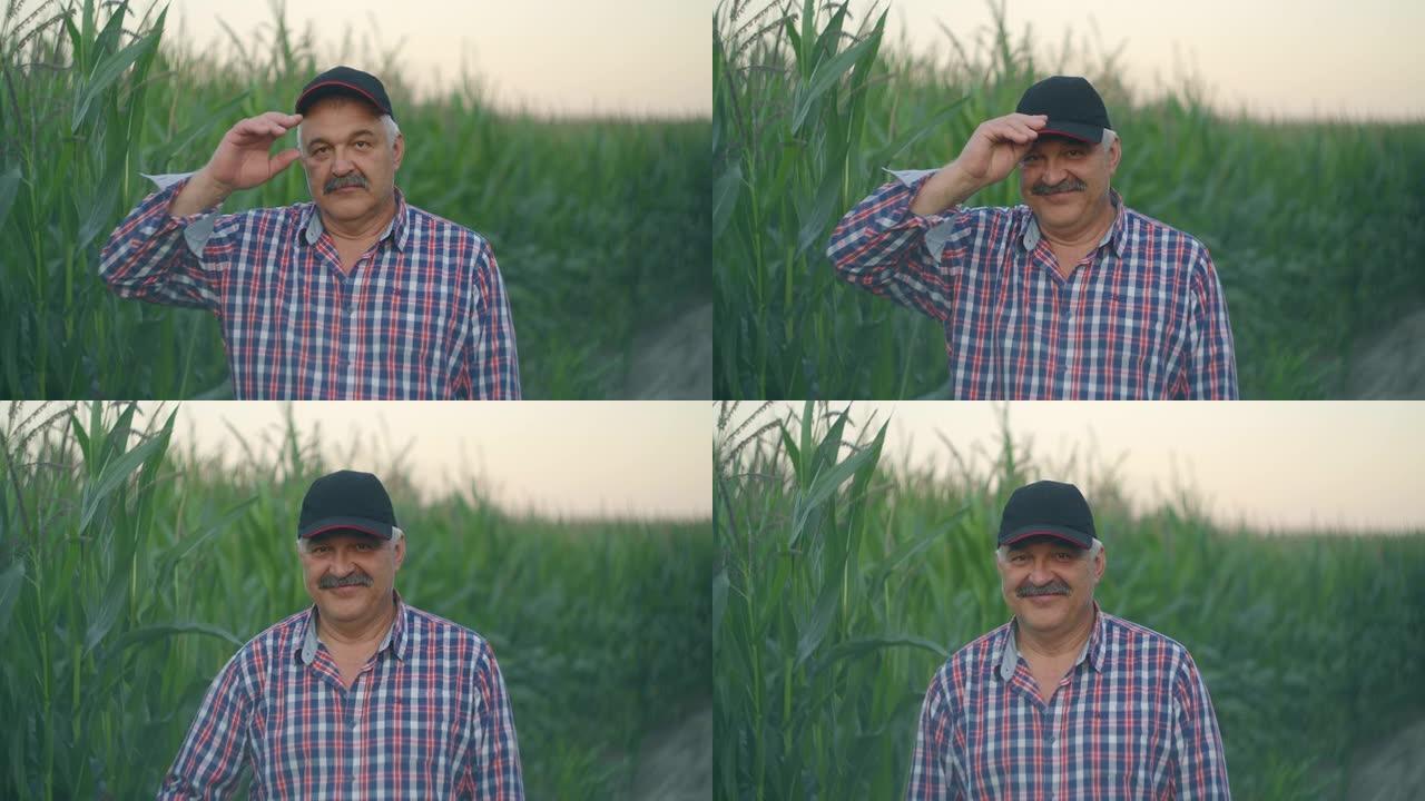 玉米地中一位老年农民的肖像看着相机并微笑着