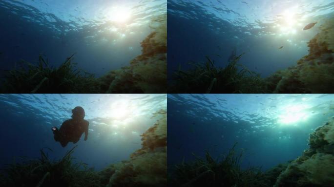 在蓝色的海洋中免费潜水长矛捕鱼: 在地中海的光线下搜寻