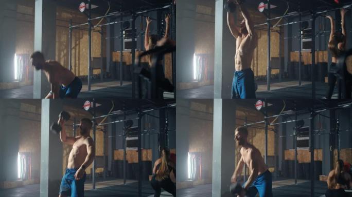 有六块腹肌的性感男人在健身俱乐部训练，举重，收紧腹肌，胸部肌肉
