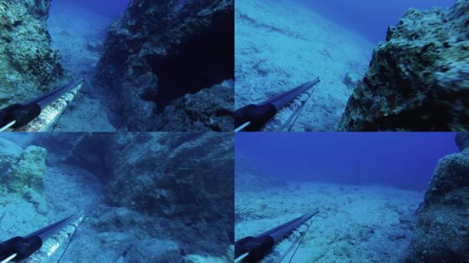 蓝色海洋中的免费潜水员鱼叉捕鱼: 地中海探险