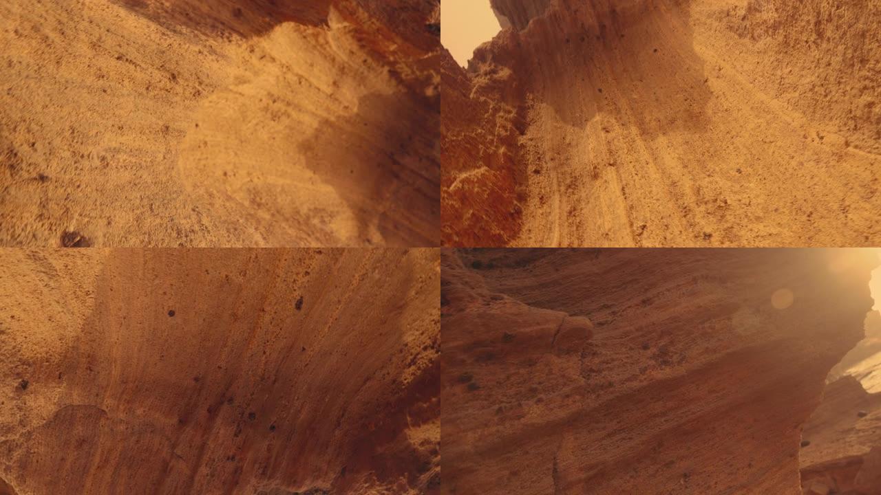 火星环境有生锈的彩色山脉。在岩石上关闭，旋转效果