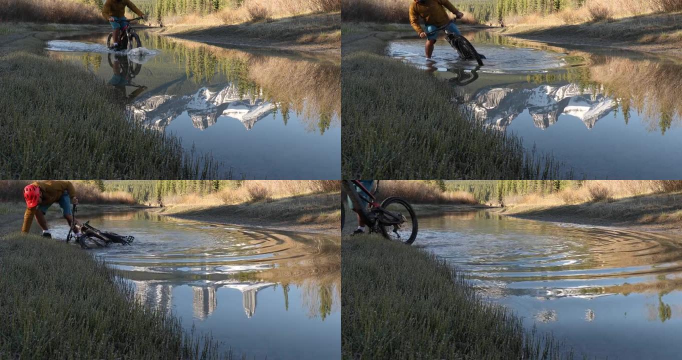 成熟的人骑自行车进入山溪
