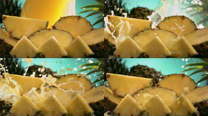 菠萝和果汁溅过菠萝片的慢动作镜头