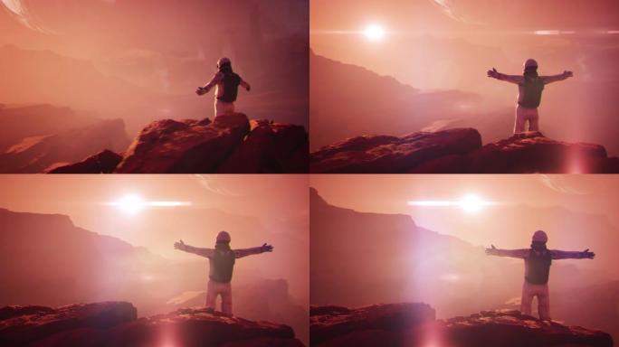 宇航员在火星动画上俯瞰干旱的山脉