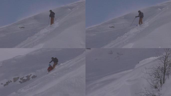 滑雪者从白雪皑皑的山坡上下来的慢动作镜头