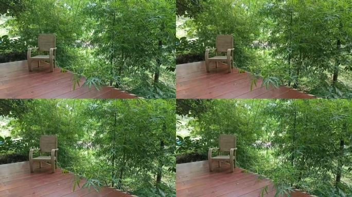 竹树花园露台上的木椅。慢动作