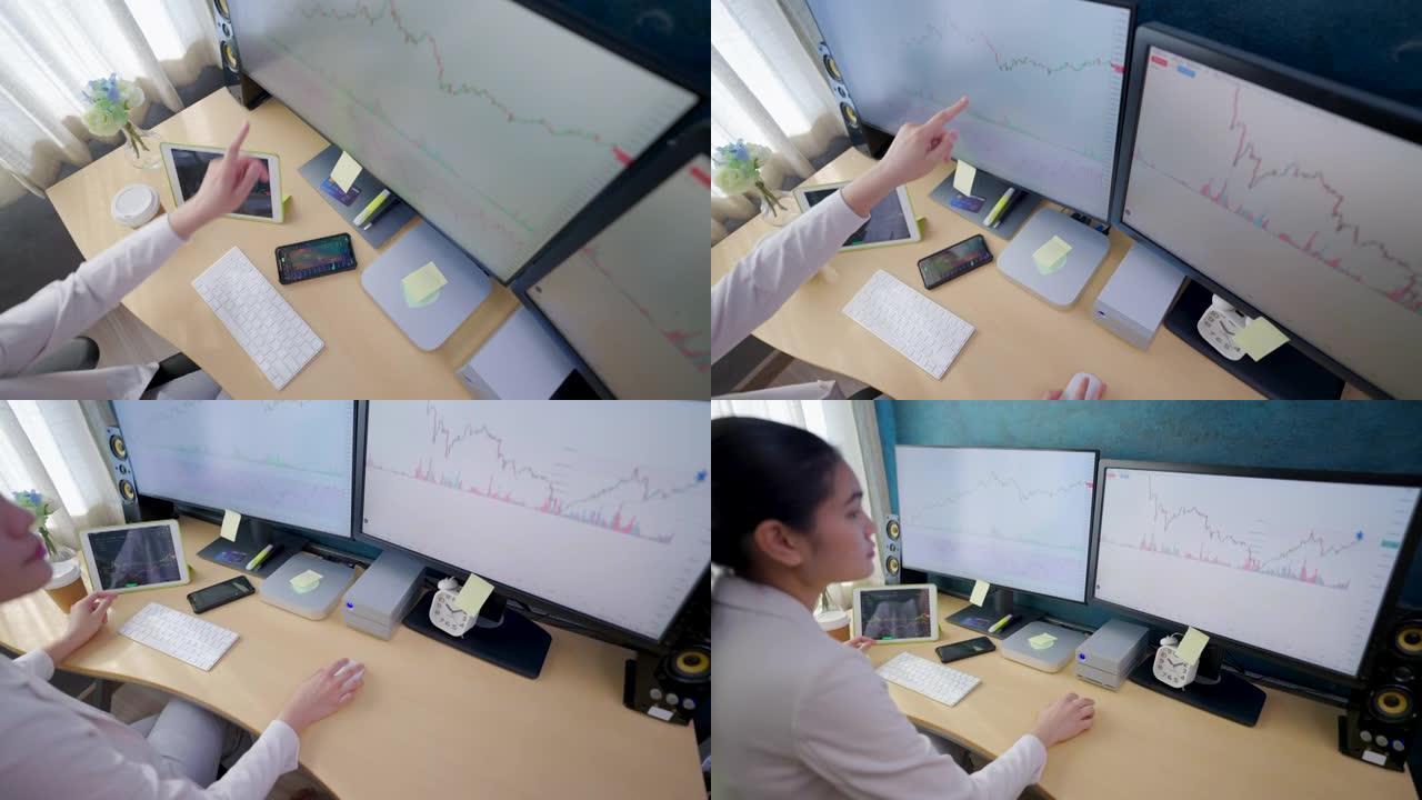 穿着白色西装的亚洲股票投资者在房子的卧室里查看电脑屏幕和平板电脑上的股票图表。