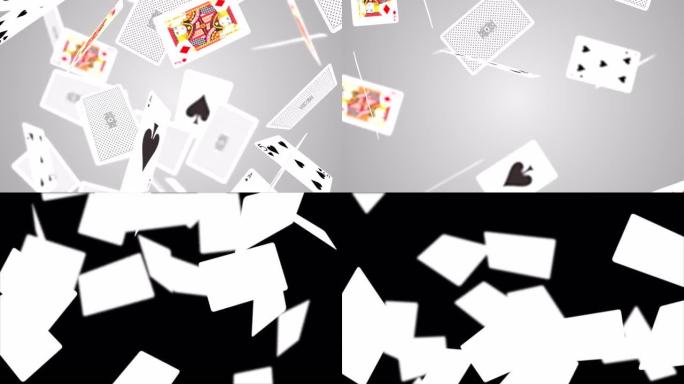 循环动画掉落扑克牌和赌场筹码白光阴影动画的无缝循环。