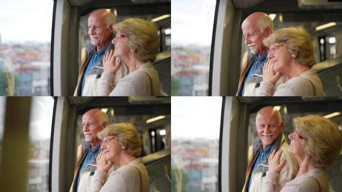 沉思的高级夫妇在地铁列车上看着窗户