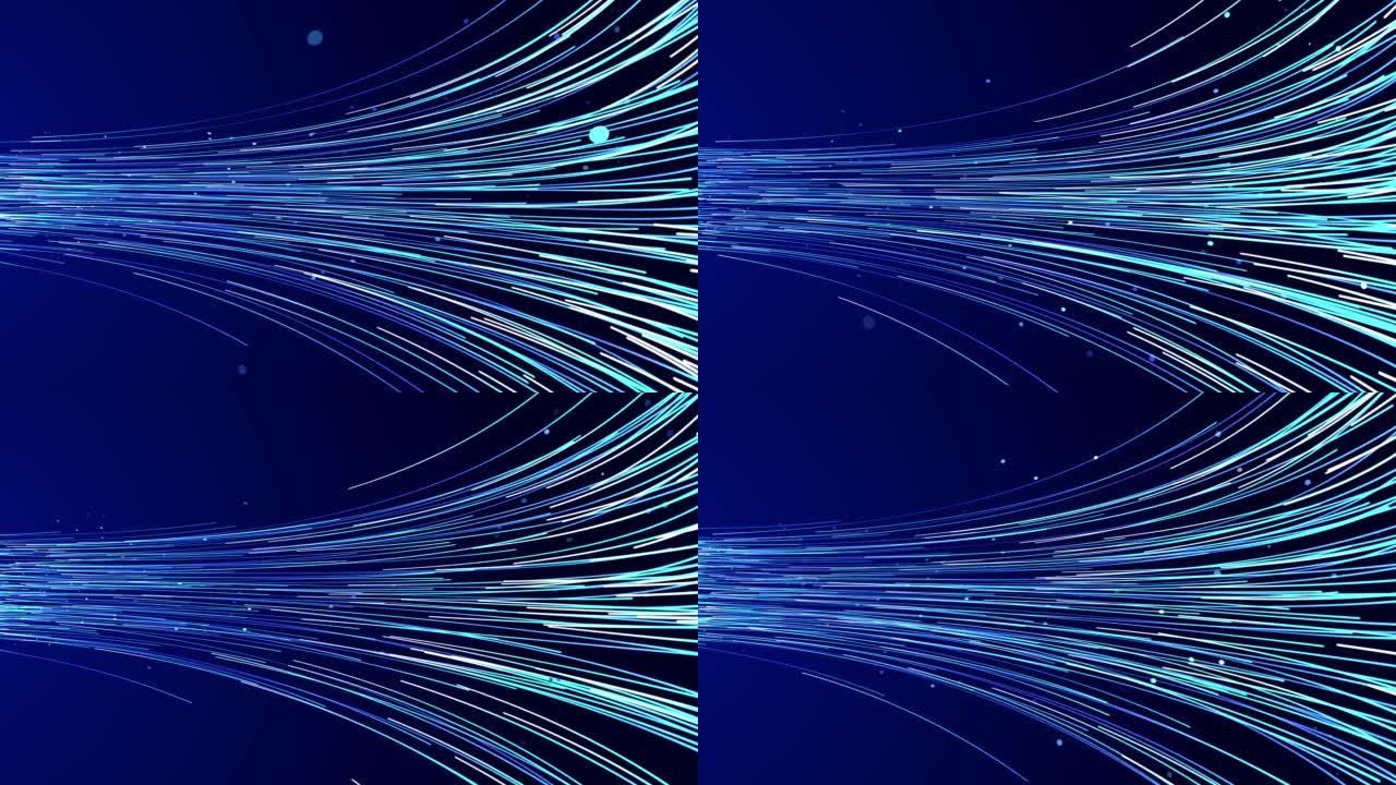 抽象蓝色霓虹灯流高科技曲线隧道环路网络空间背景。