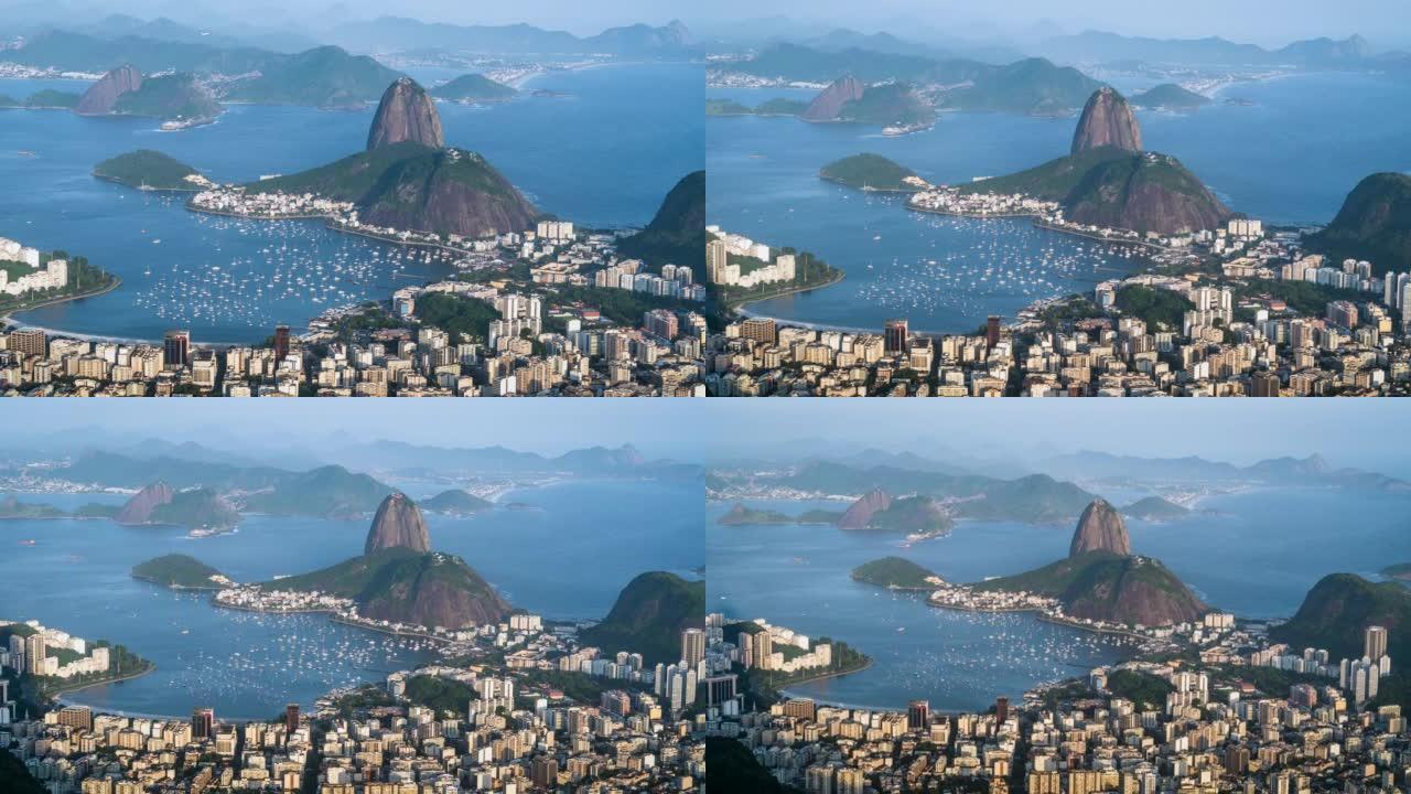 巴西里约热内卢夏季的延时景观糖面包山和里约城市景观，缩小