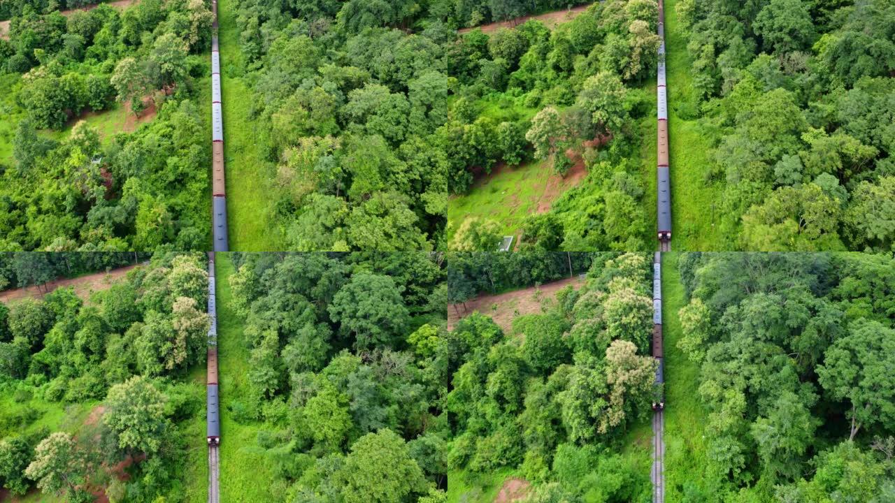 在雨季，一辆柴油机车旅客列车在乡村铁轨上穿越茂密的热带森林的无人机镜头。