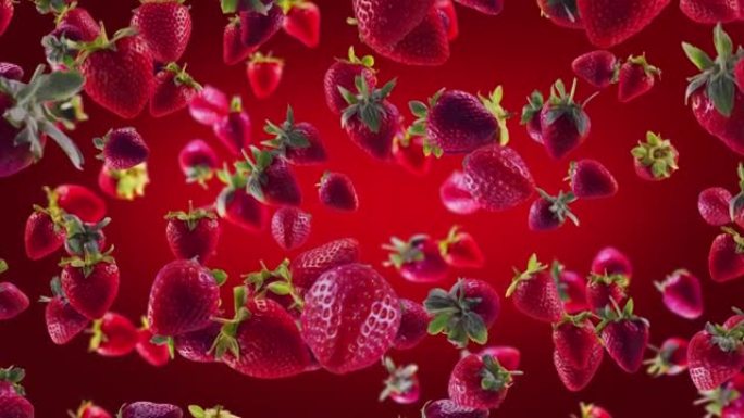 草莓，切片落在深红色背景上。