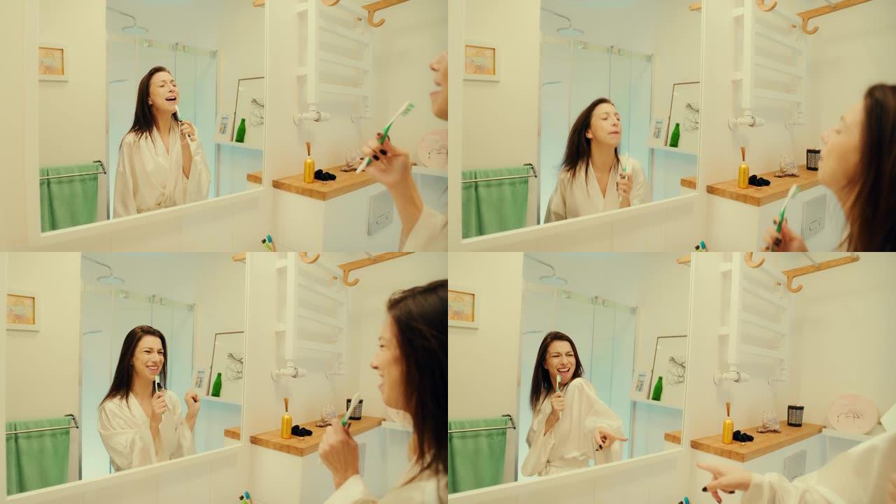 感觉棒极了。女人喜欢早上的浴室活动，在镜子前玩得开心。对着牙刷唱歌