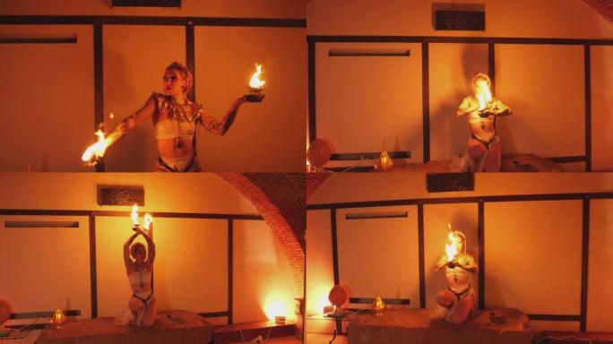长镜头拍摄的是一个异国情调的火舞者在一间被火焰照亮的房间里