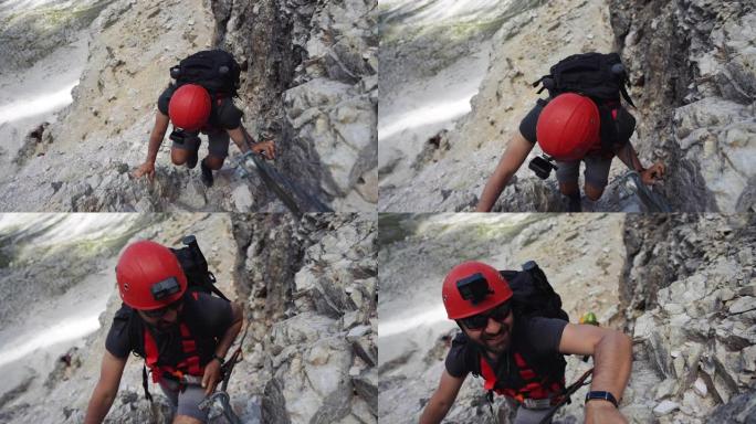 在白云岩上徒步旅行和攀登的一天的故事讲述: 一起在via ferrata上