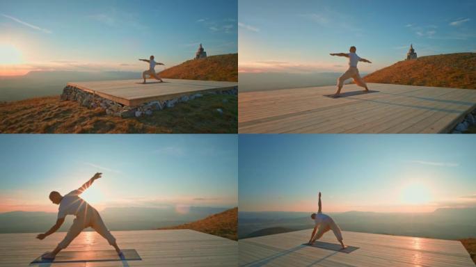 CS男子在阳光明媚的山顶上做瑜伽姿势