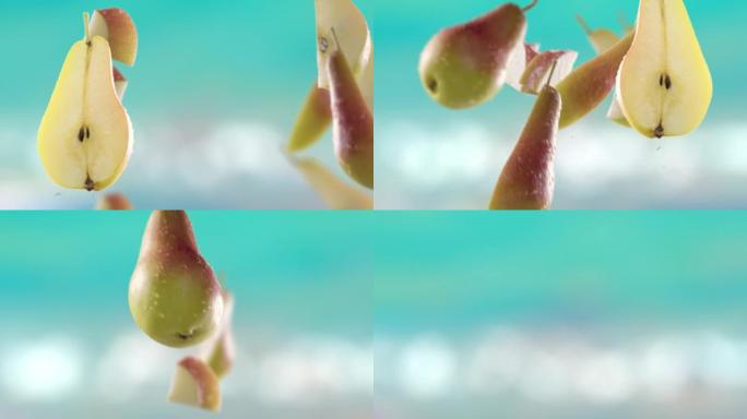 海滩背景中的梨子和切片的飞行