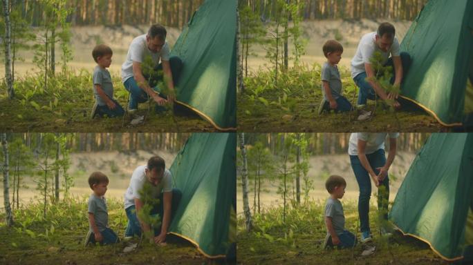 游客在湖畔森林家庭父子慢动作搭建帐篷营地