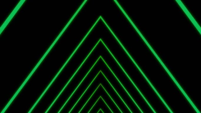 霓虹三角线在黑色背景上移动。设计。三角线的集中移动隧道。霓虹灯线的三角形隧道