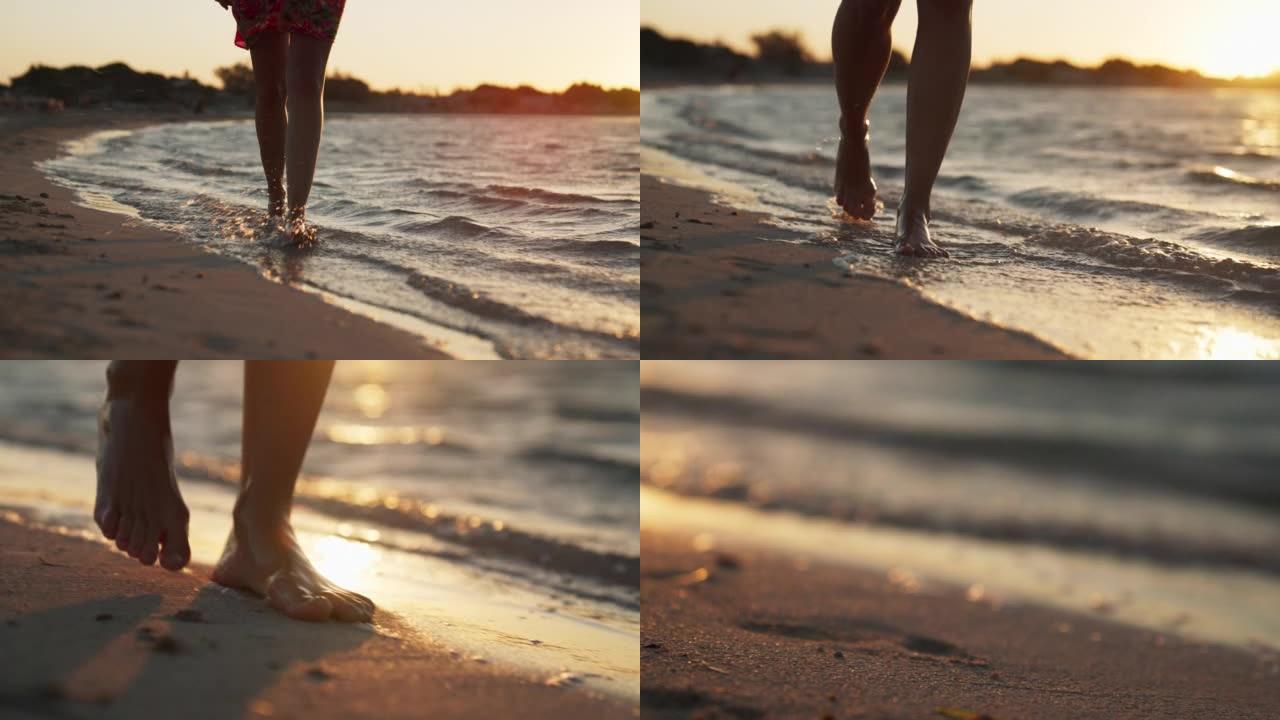 日落时在海滩上散步的特写女人