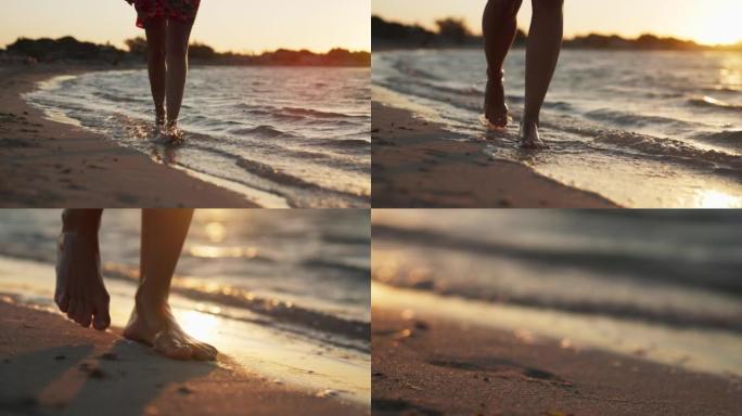 日落时在海滩上散步的特写女人