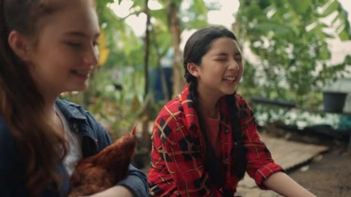 两个十几岁的女孩见面并坐在有机农场里