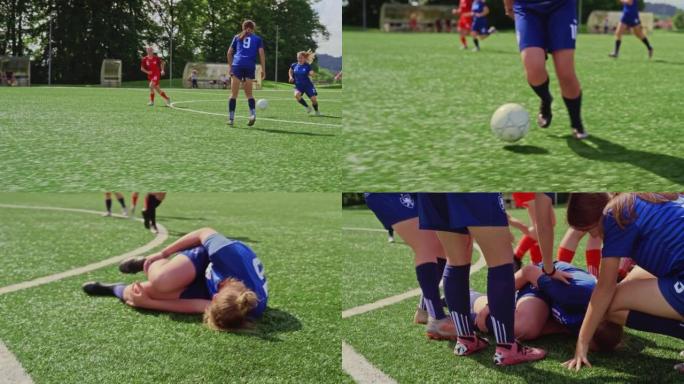 TS女足球运动员在比赛场上痛苦地被对手绊倒