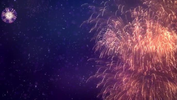 4k闪亮的烟花在夜空循环动画背景中展示爆炸与bokeh灯。