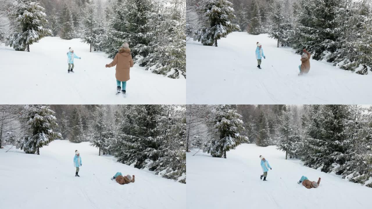快乐的孩子们在白雪皑皑的云杉森林上奔跑。