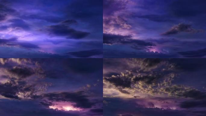 夜风暴雨中可见的一系列闪电。时间流逝