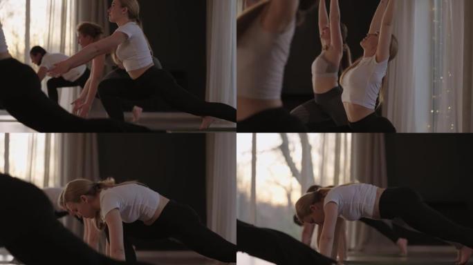 一群不同年龄的女性，胖瘦的，在日落时与教练一起以慢动作练习瑜伽。
