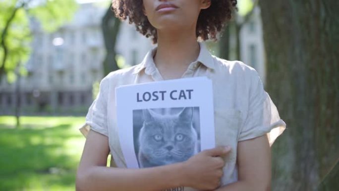 妇女志愿者拿着带有失踪猫图片的海报，动物救援，庇护所