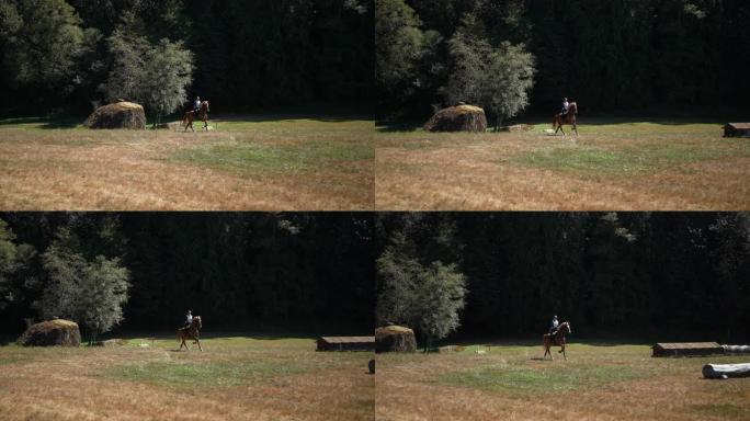 女人在野外骑马，跳过障碍物并疾驰