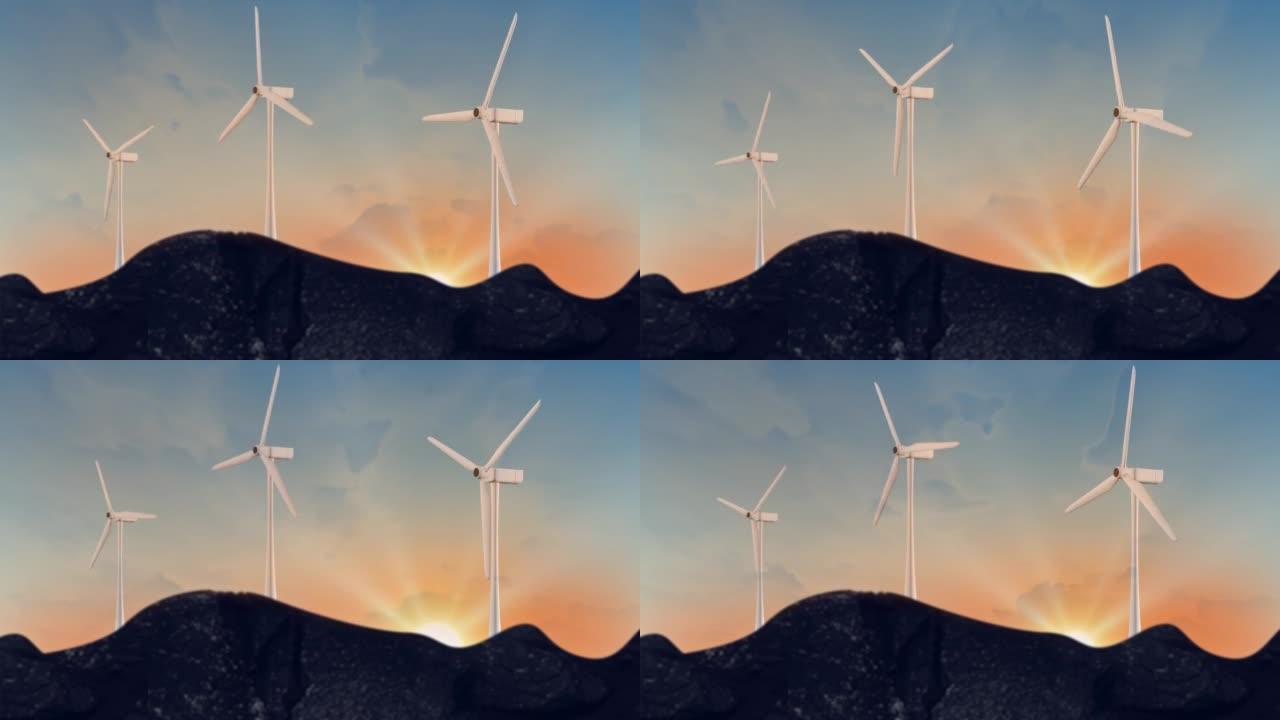 节能世界风力涡轮机的4k鸟瞰图。日落时的空中拍摄。
