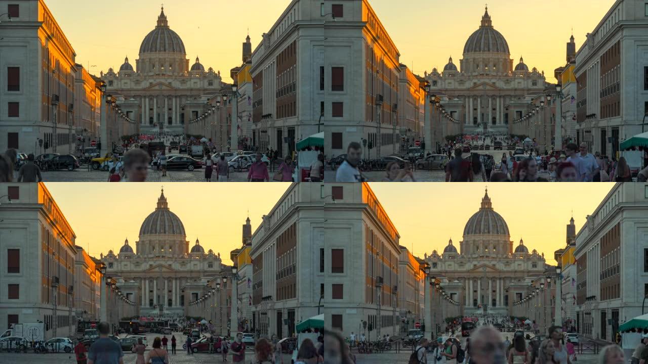 时间流逝的日落场景与人和交通道路前面的圣彼得大教堂在梵蒂冈城，罗马，意大利