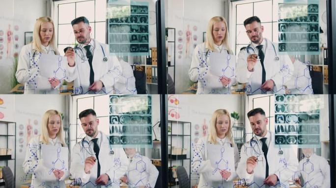 医学和科学概念，有吸引力的自信的高技能成人医生站在医学实验室的玻璃墙附近，并在此墙上书写化学式