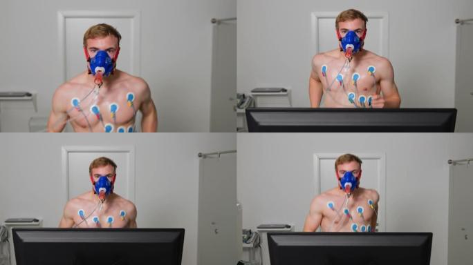 DS年轻的男运动员在肺活量测定测试中跑步