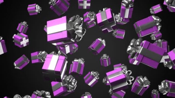 Purple gift box with silver ribbon bow on black ba