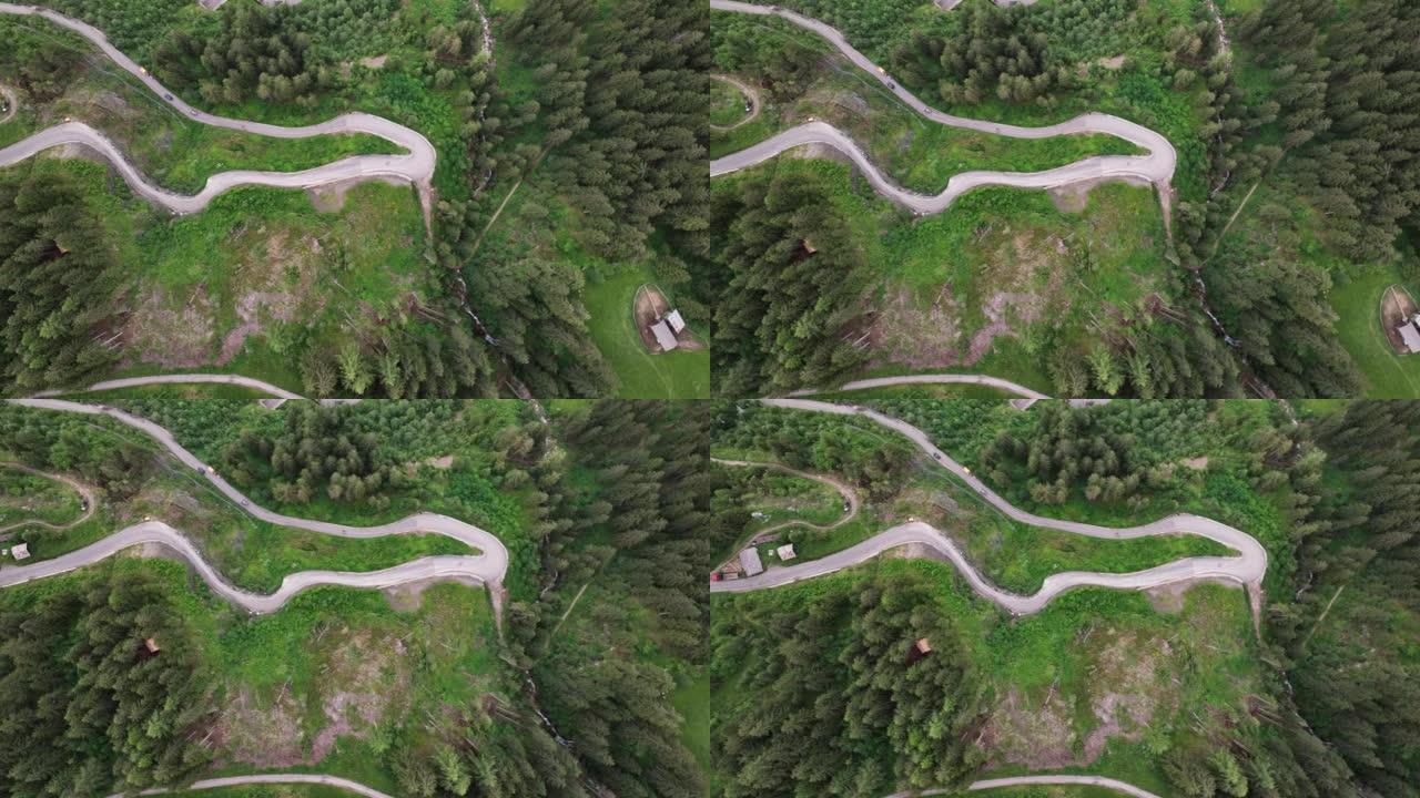 风景秀丽的无人机4k视频镜头，在多洛米特斯阿尔卑斯山的松树林中隐藏着蛇形弯曲的道路