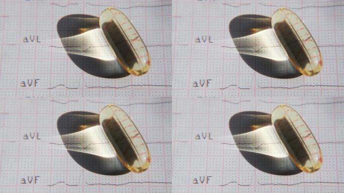 ECG背景上的omega-3胶囊特写。健康心脏概念。
