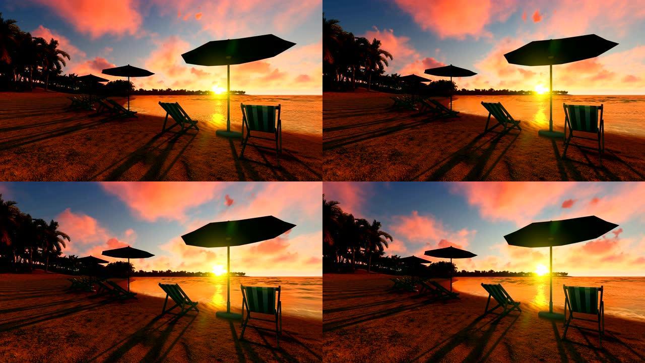 海滩上满是椅子和雨伞的日落