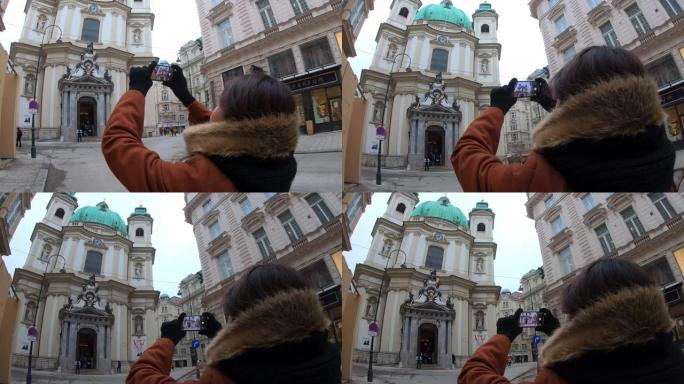 游客POV在维也纳圣彼得天主教徒拍照