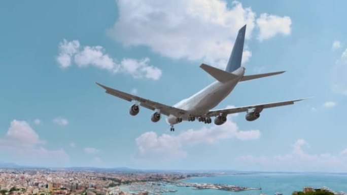 客机飞行和降落西班牙马略卡岛帕尔马。飞机概念