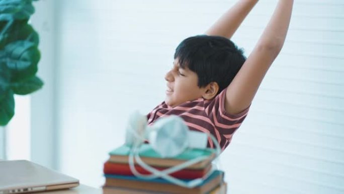 男孩在家学习并通过笔记本电脑进行视频通话