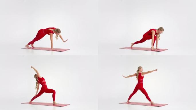 穿着红色运动服的美丽年轻女子在白色背景上做瑜伽或普拉提运动姿势。