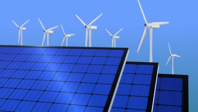 风力涡轮机和太阳能电池板发电循环动画背景。