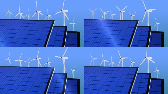风力涡轮机和太阳能电池板发电循环动画背景。
