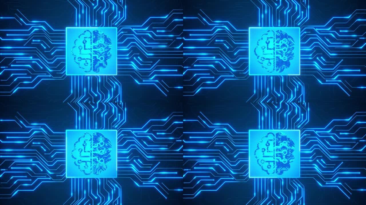 未来循环动画中的电路板上的人工智能数字大脑出价数据Ai芯片组。
