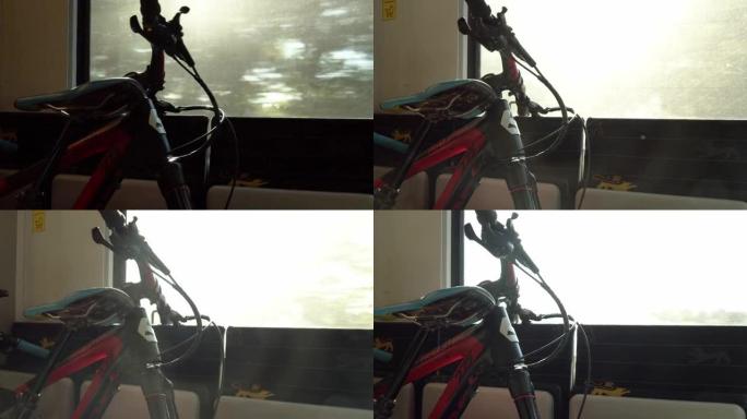 行驶中的火车上的山地自行车的详细照片